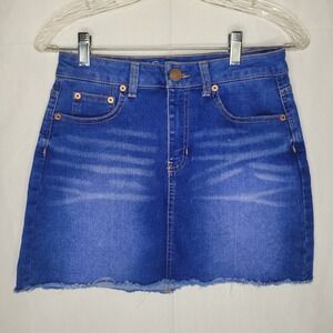 No Boundaries Blue Denim Raw Hem Mid Rise Mini Skirt Size 9